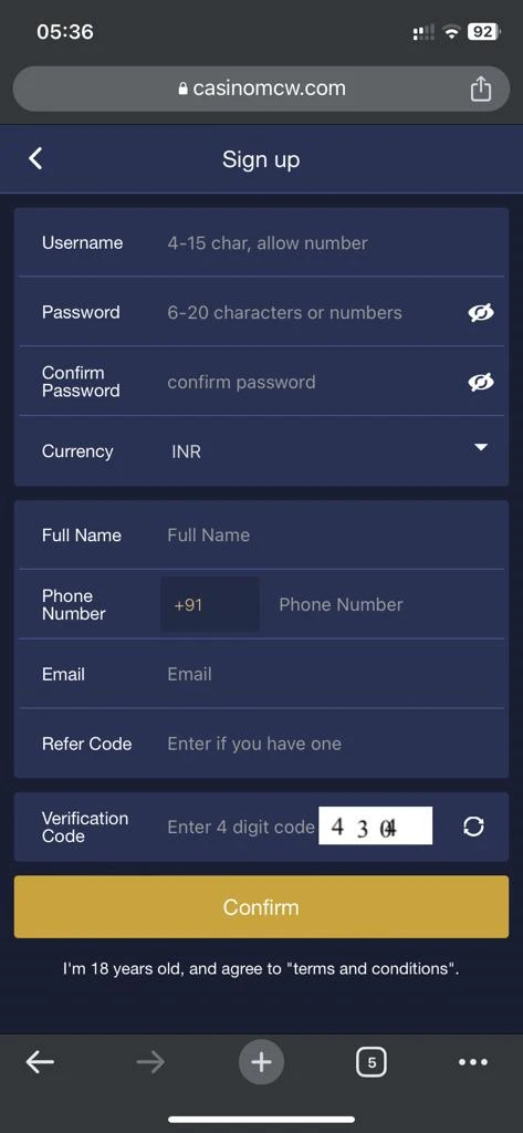 Android apk screenshot of registration
